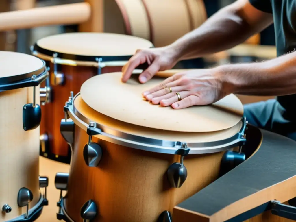 Un taller de tambores vintage, artesanos hábiles ensamblando una batería acústica tradicional