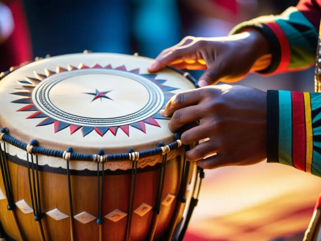 Un tambor indígena artesanal se toca durante una ceremonia tradicional, resaltando la importancia cultural de los instrumentos