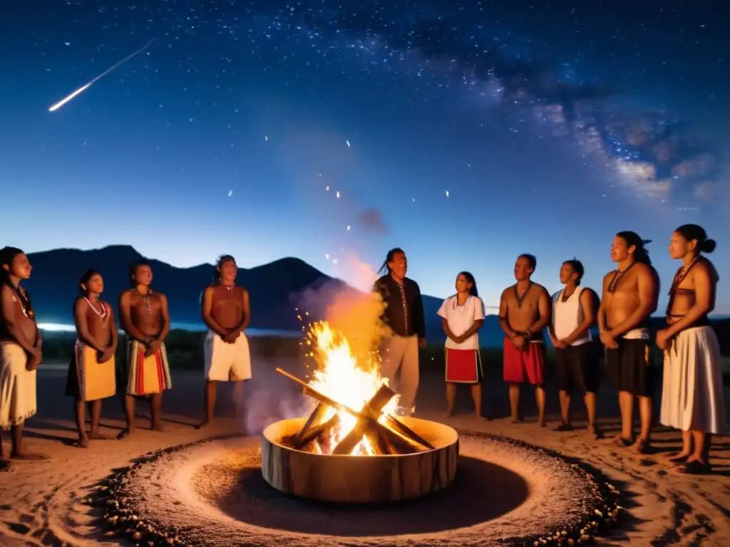 Un chamán toca un tambor chamánico en un ritual curativo bajo el cielo estrellado