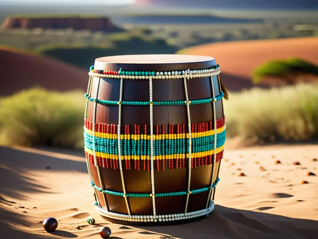 Un tambor de madera tallado, decorado con cuentas y plumas, reposa en la sabana africana, evocando Historias de Instrumentos que Cruzaron Continentes