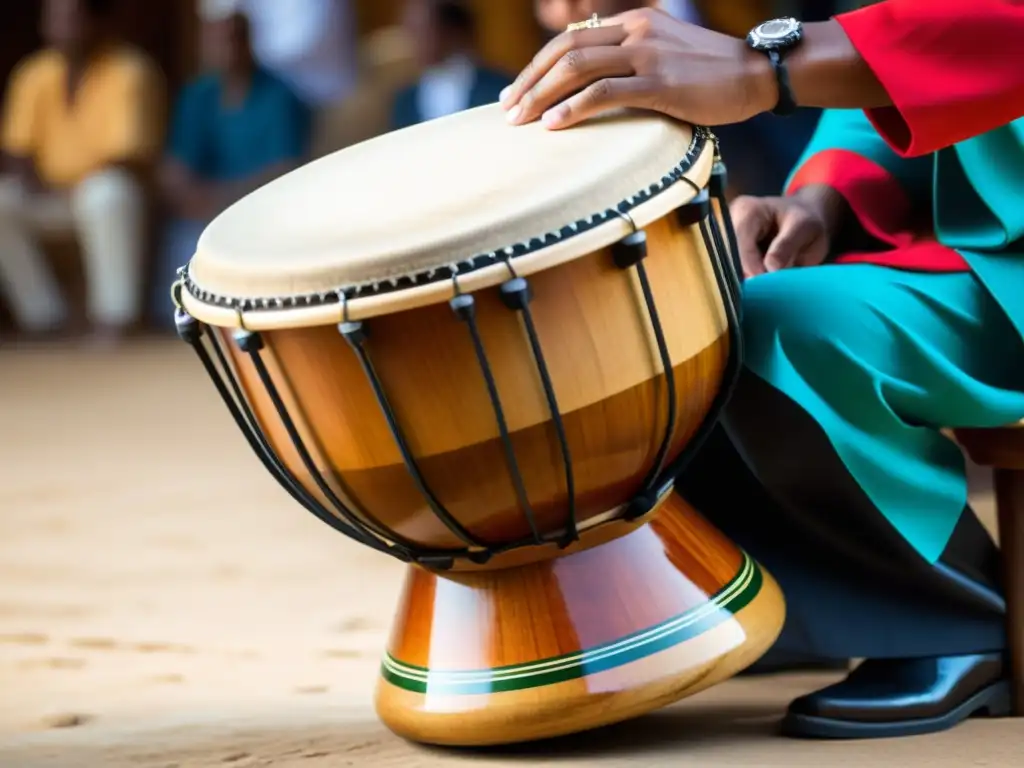 Un tambor de marco tradicional es tocado en un vibrante escenario cultural, destacando su diseño, las manos del músico y las expresiones de la audiencia