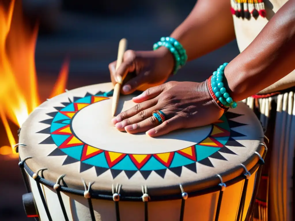 Un tambor nativo americano es tocado durante un ritual espiritual, con decoraciones coloridas