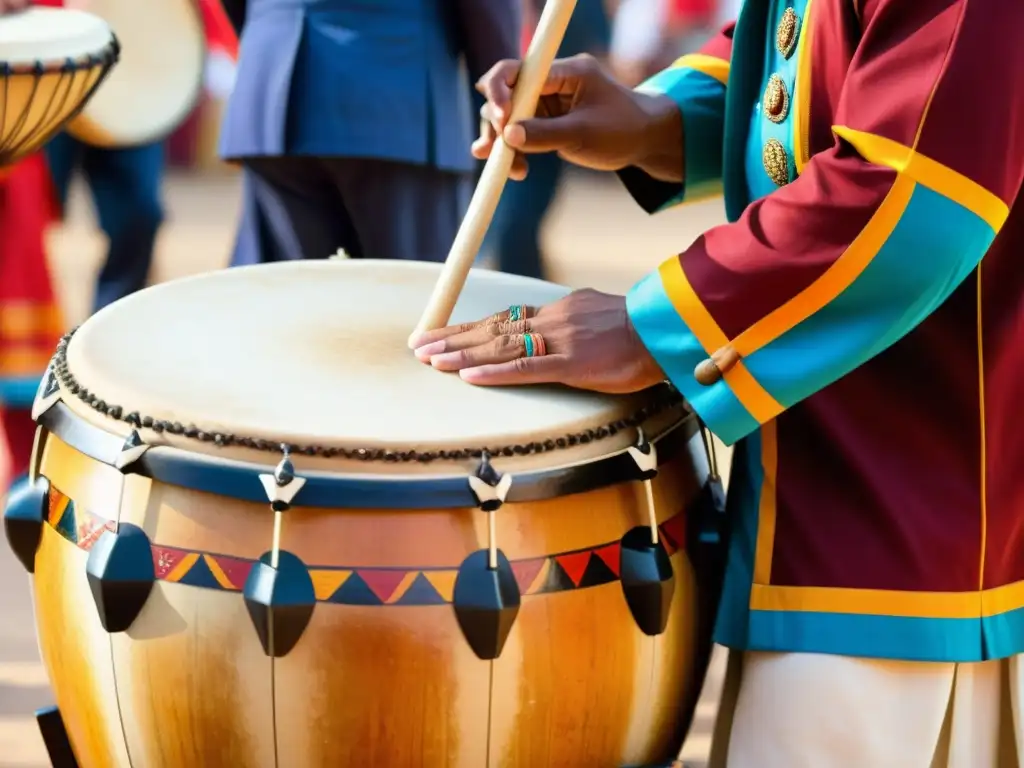 Un tambor tradicional en pleno festival cultural, con manos en movimiento y detalles intrincados