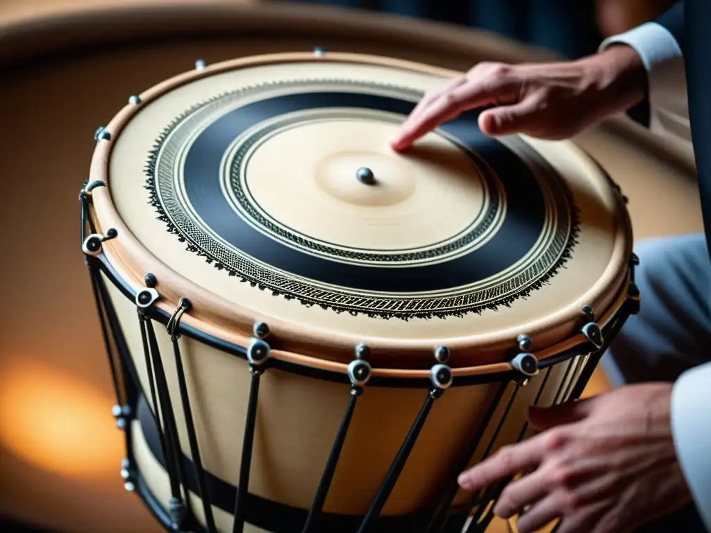 Un tambor tradicional tocado de cerca muestra la calidad del sonido, la tensión del material y la conexión entre artesanía, física y música