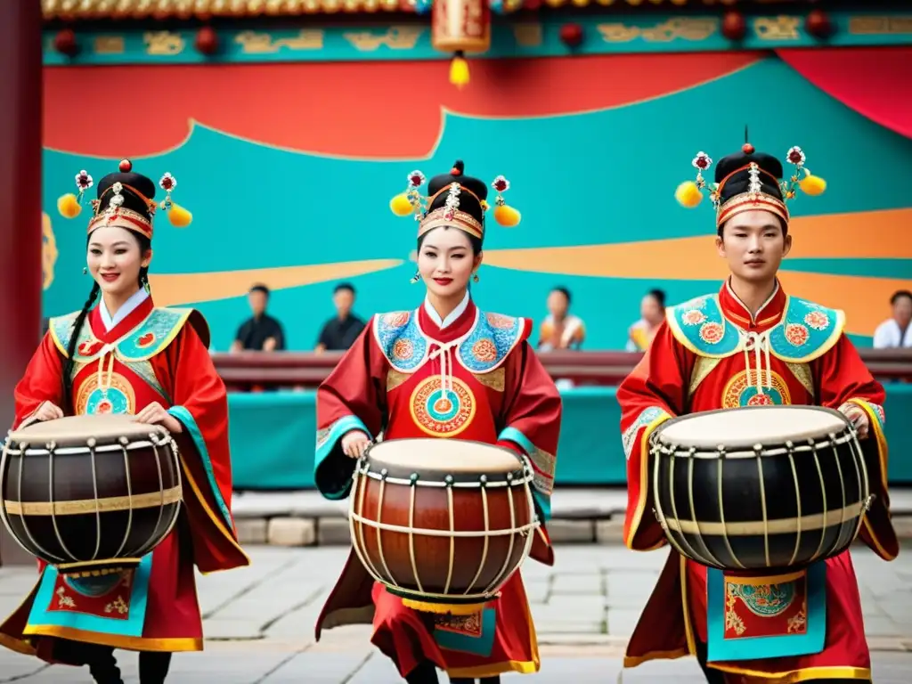 Tambores ceremoniales antiguos de China resuenan en un festival tradicional, envueltos en colores vibrantes y trajes decorados