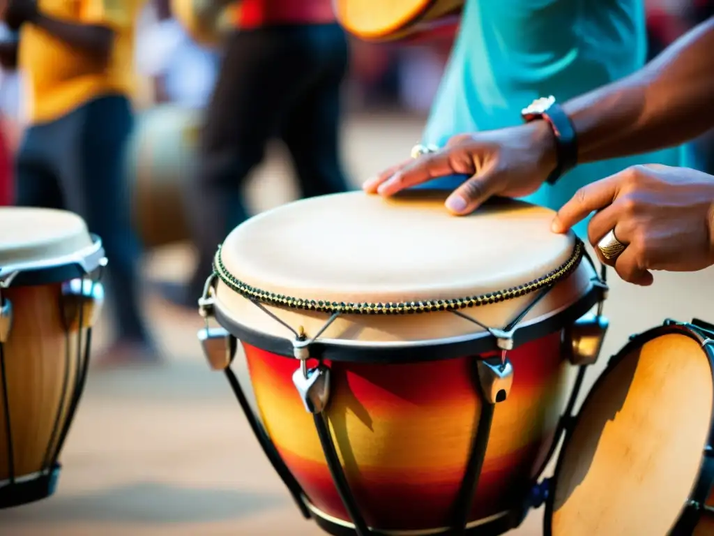 Un tamboril uruguayo en pleno candombe, reflejando la intensidad y energía del evento