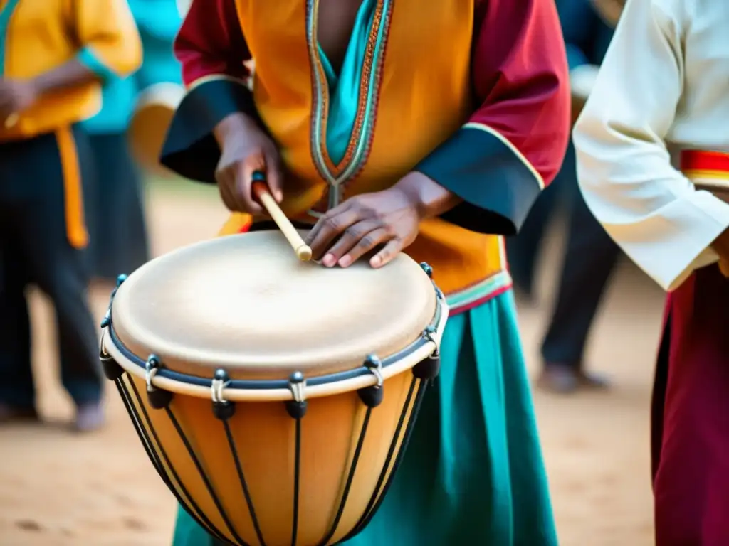 Un tamborilero toca con pasión rodeado de músicos y trajes tradicionales