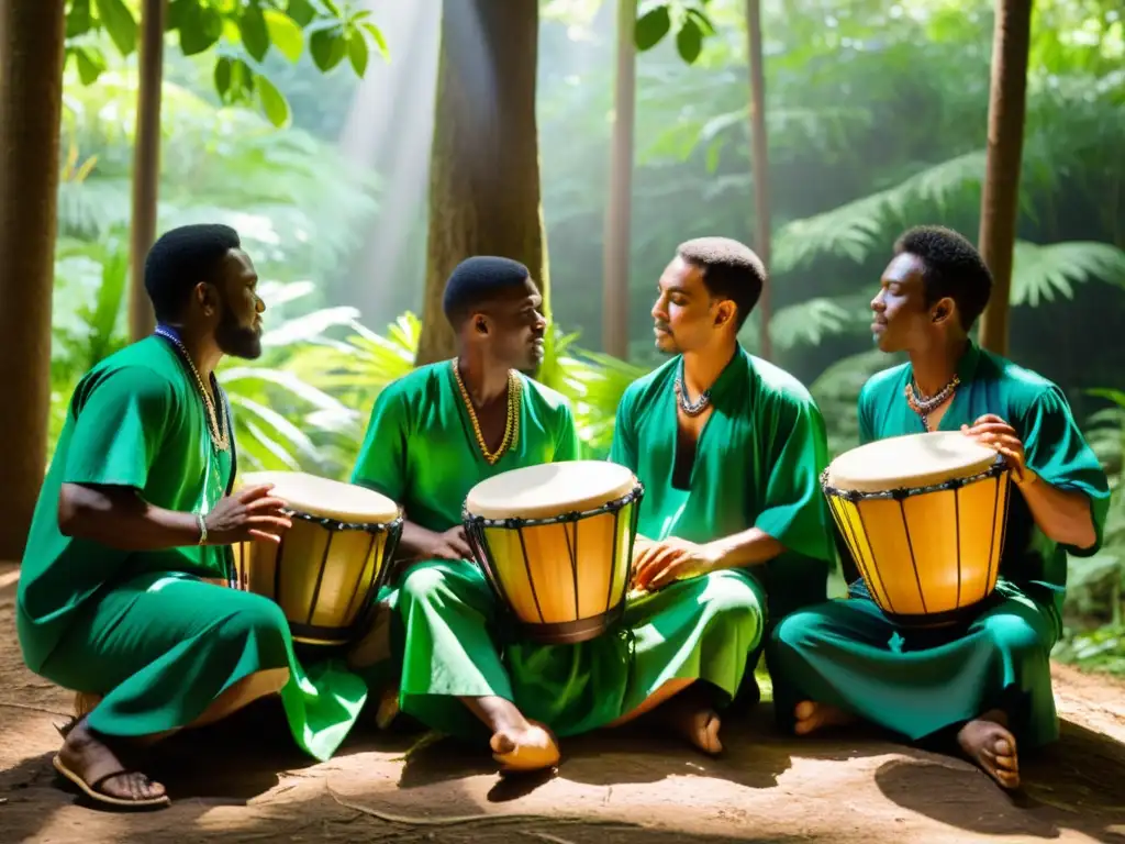 Tamborileros tocando en el bosque, conectando música y naturaleza