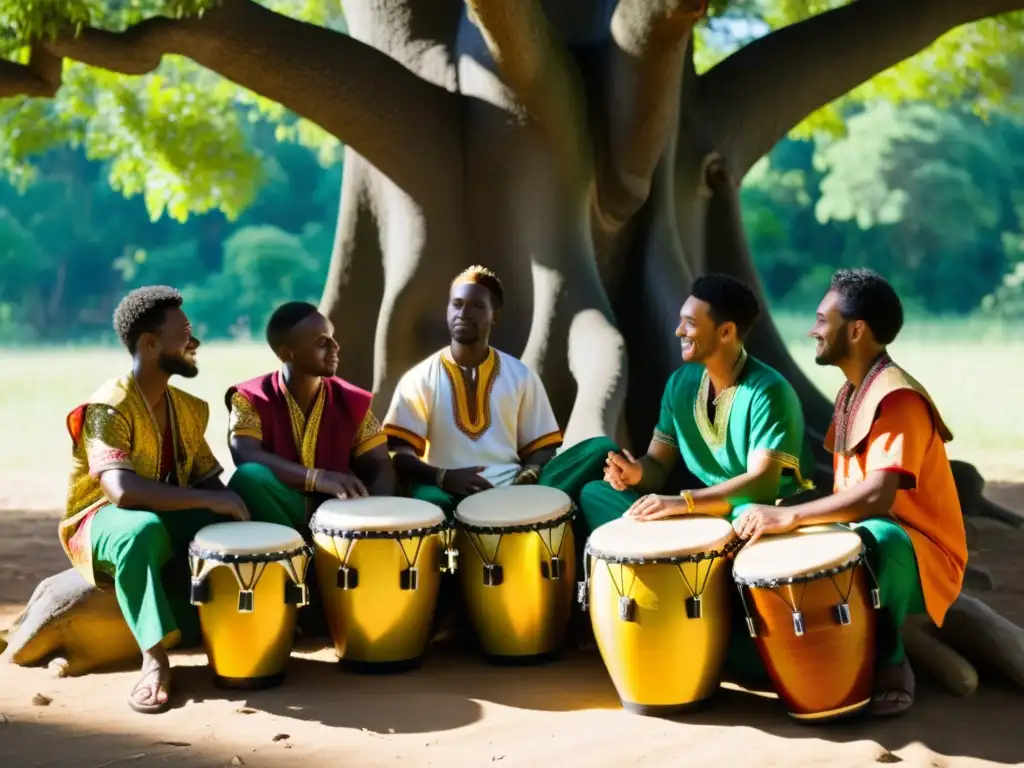 Tamborileros tocando con pasión bajo un árbol en un bosque verde