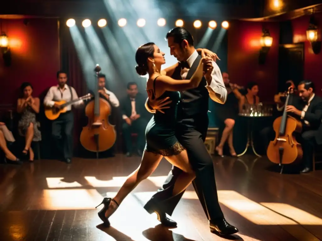 Un tango apasionado en un bar de Buenos Aires, con músicos y una pareja bailando, capturando la intensa emoción del tango argentino