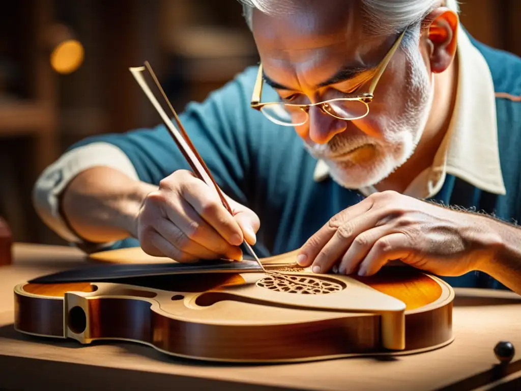 Un luthier talla minuciosamente la tapa armónica de un violín, destacando la evolución del oficio de luthería con su dedicación y destreza artesanal