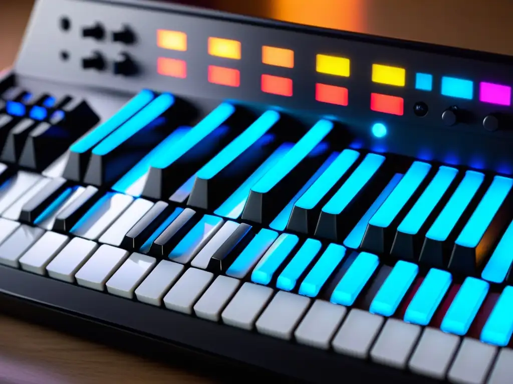 Un teclado MIDI moderno y elegante conectado a una computadora, con teclas retroiluminadas y software de producción musical en la pantalla