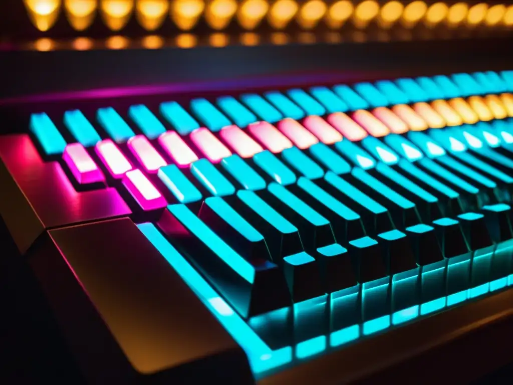 Un teclado de órgano de cristal iluminado por luces multicolores, reflejos prismáticos, y una audiencia expectante en un concierto