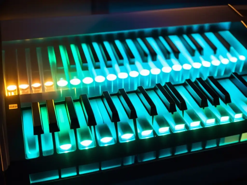 Un teclado de órgano de cristal iluminado por luces vibrantes, creando un ambiente etéreo y cautivador que fusiona luz y sonido