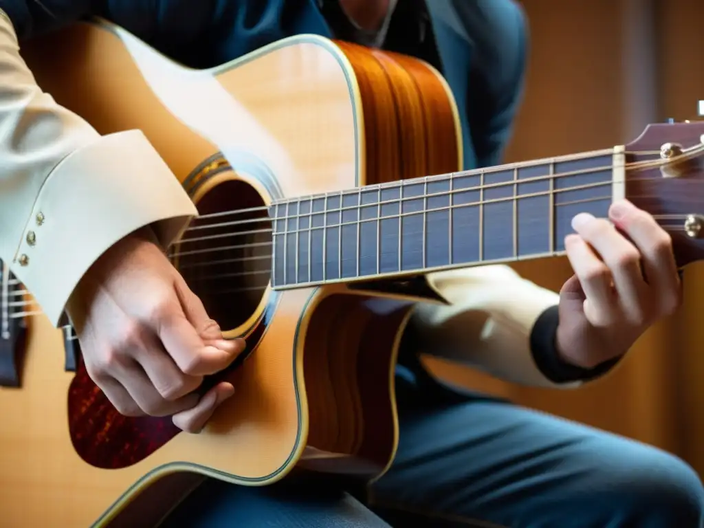 La técnica slide guitarra acústica cobra vida en la imagen detallada de un músico deslizando sus dedos por el diapasón, creando tonos resonantes