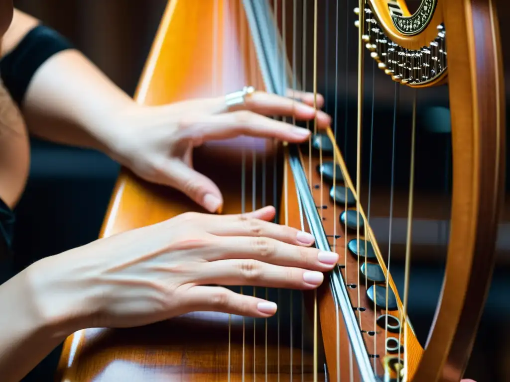 Técnica del arpa en orquesta: Manos de arpista experto interpretando con precisión y pasión