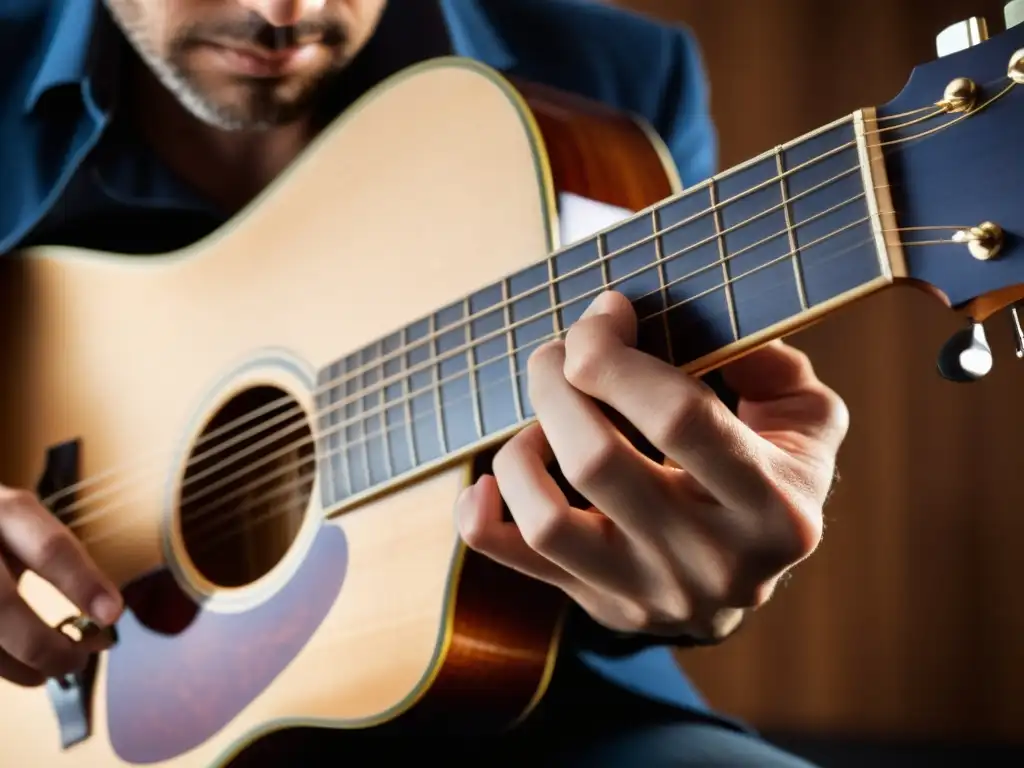 La técnica de guitarra blues bottleneck cobra vida en la imagen de un músico concentrado deslizando el slide sobre las cuerdas de una guitarra acústica