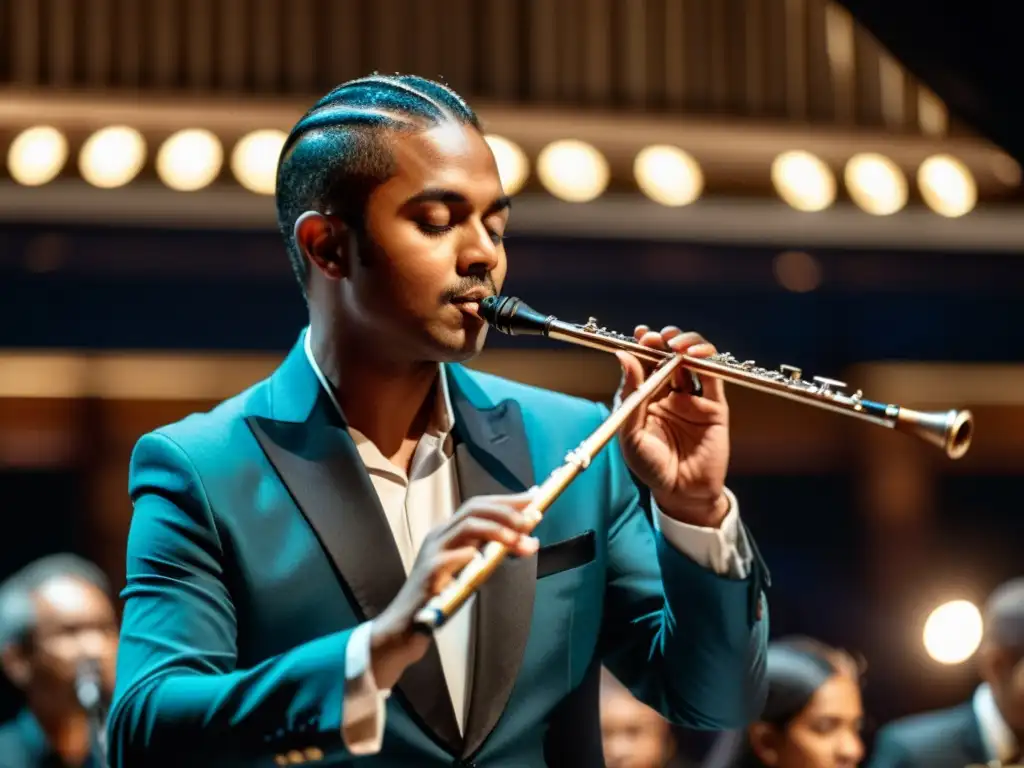 Técnica de ejecución de flauta traversa capturada en una intensa y elegante interpretación musical, con público diverso al fondo