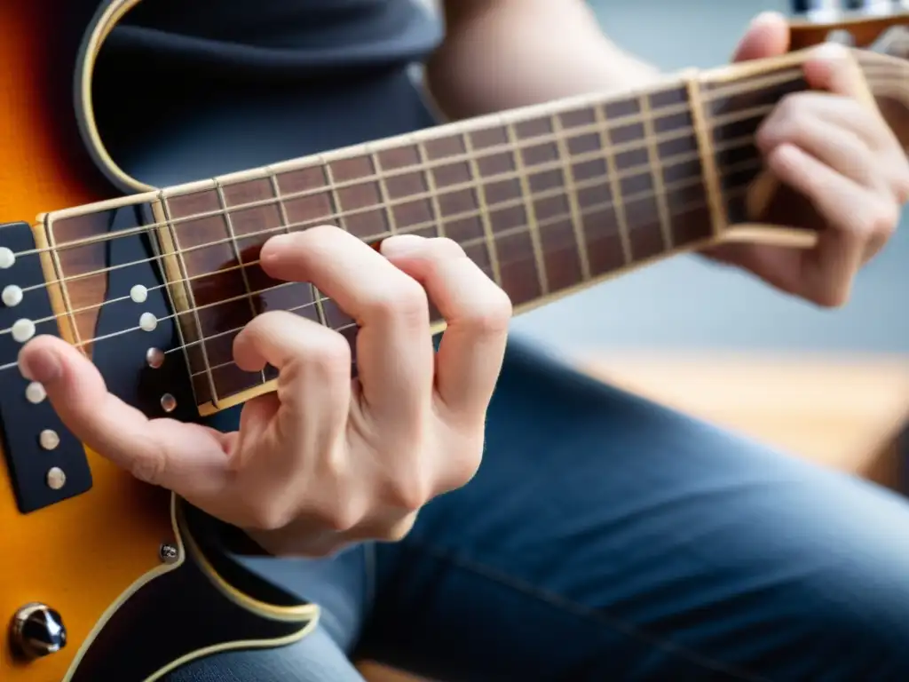 La técnica palm mute en guitarra eléctrica, capturando la intensidad y precisión del guitarrista al ejecutarla