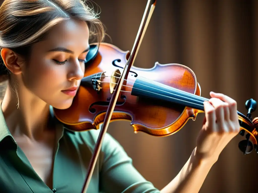 Técnica portamento: mano de un violinista deslizándose con gracia por el mástil de un violín, destacando la precisión en instrumentos de cuerda