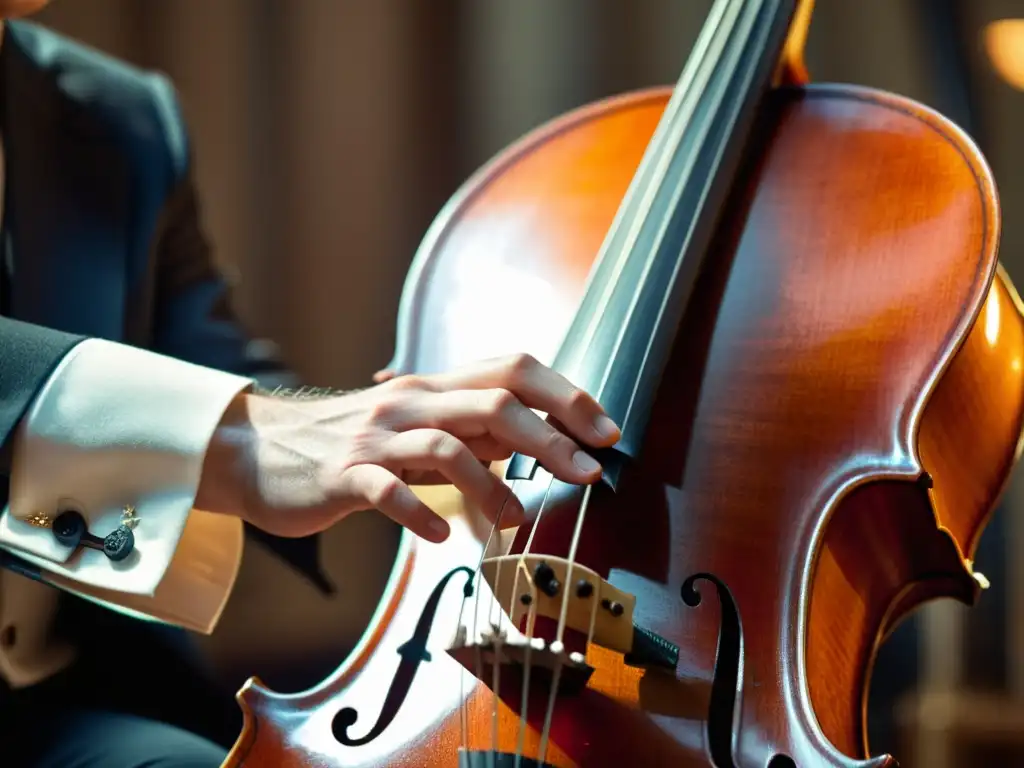 La técnica de sordina en instrumentos de cuerda: Un músico coloca con destreza una sordina en el violonchelo, mientras la luz resalta cada detalle