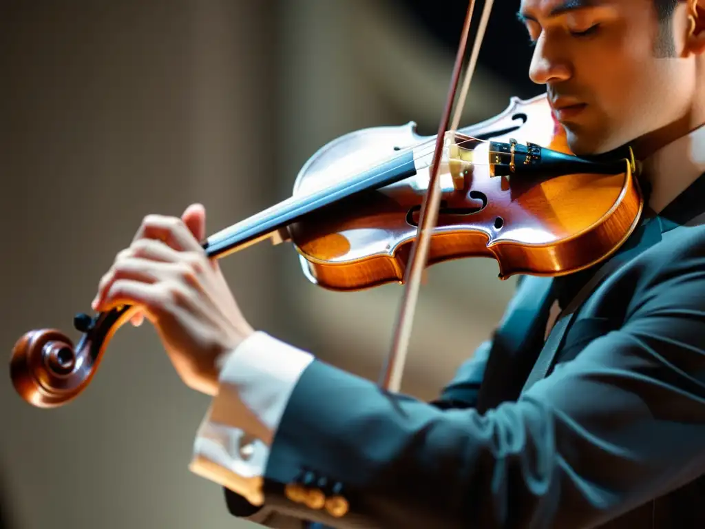 La técnica spiccato del violinista, con el arco vibrando en las cuerdas, captura la esencia de la música en movimiento