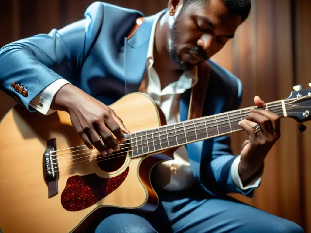 Técnica de vibrato y bend en el blues: un guitarrista experto dobla una cuerda con destreza, mostrando la emoción y el arte del blues