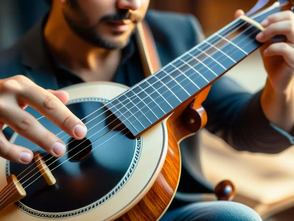 La técnica púa circular bouzouki cobra vida en la imagen, con la destreza del músico y la vibrante atmósfera de la música