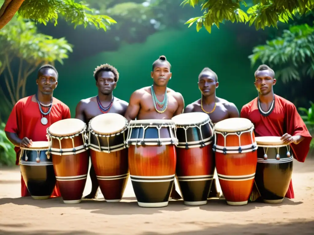 Técnicas percusión reggae Nyabinghi Steppers: Músicos tocan tambores tradicionales con pasión en un entorno vibrante y exuberante