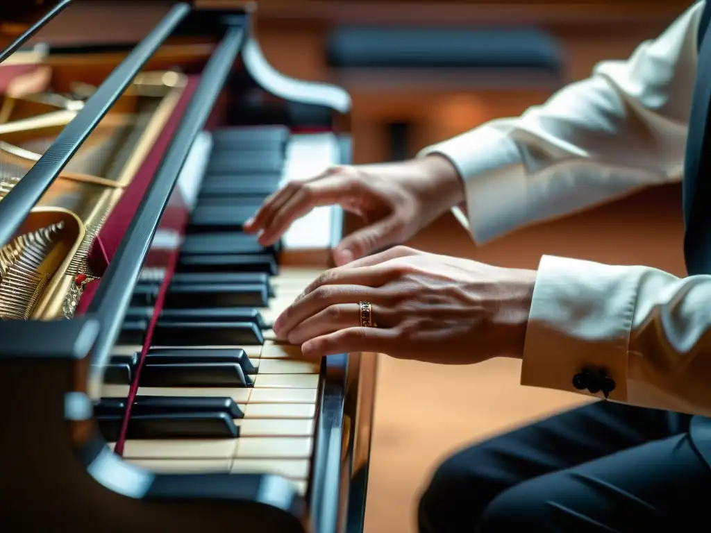 Técnicas de teclado en música de cámara: Pianista tocando con pasión un piano de cola durante una actuación de música clásica