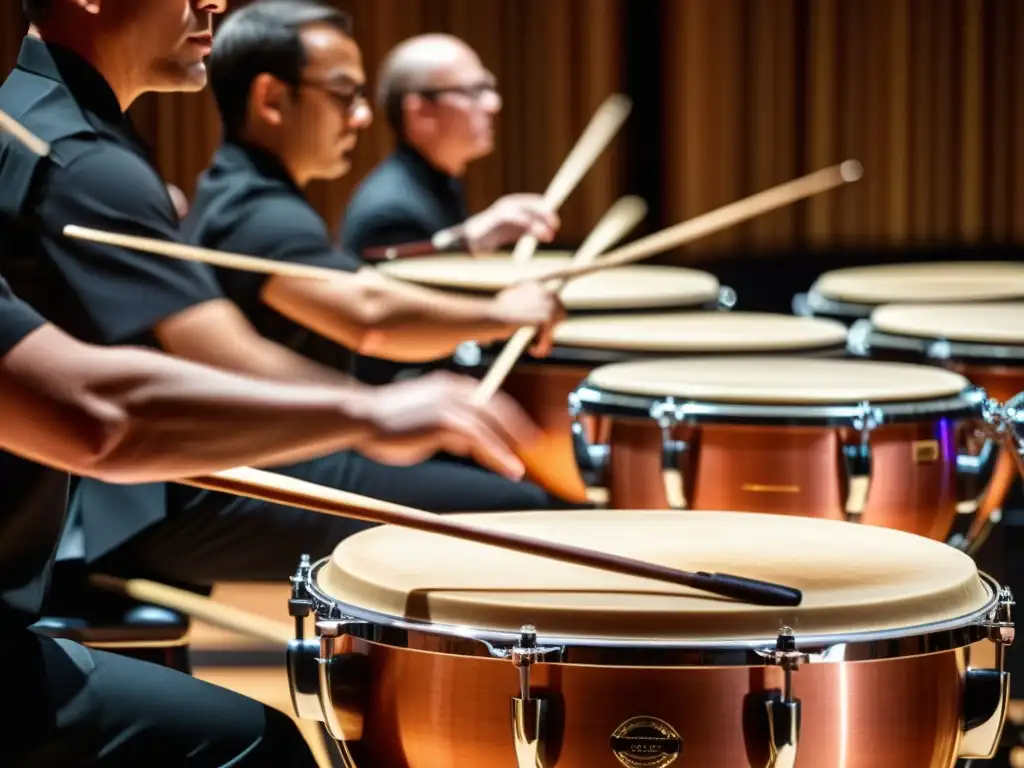 Técnicas de timpanistas en percusión sinfónica: Imagen impactante de timpanistas en pleno concierto, demostrando habilidad y concentración