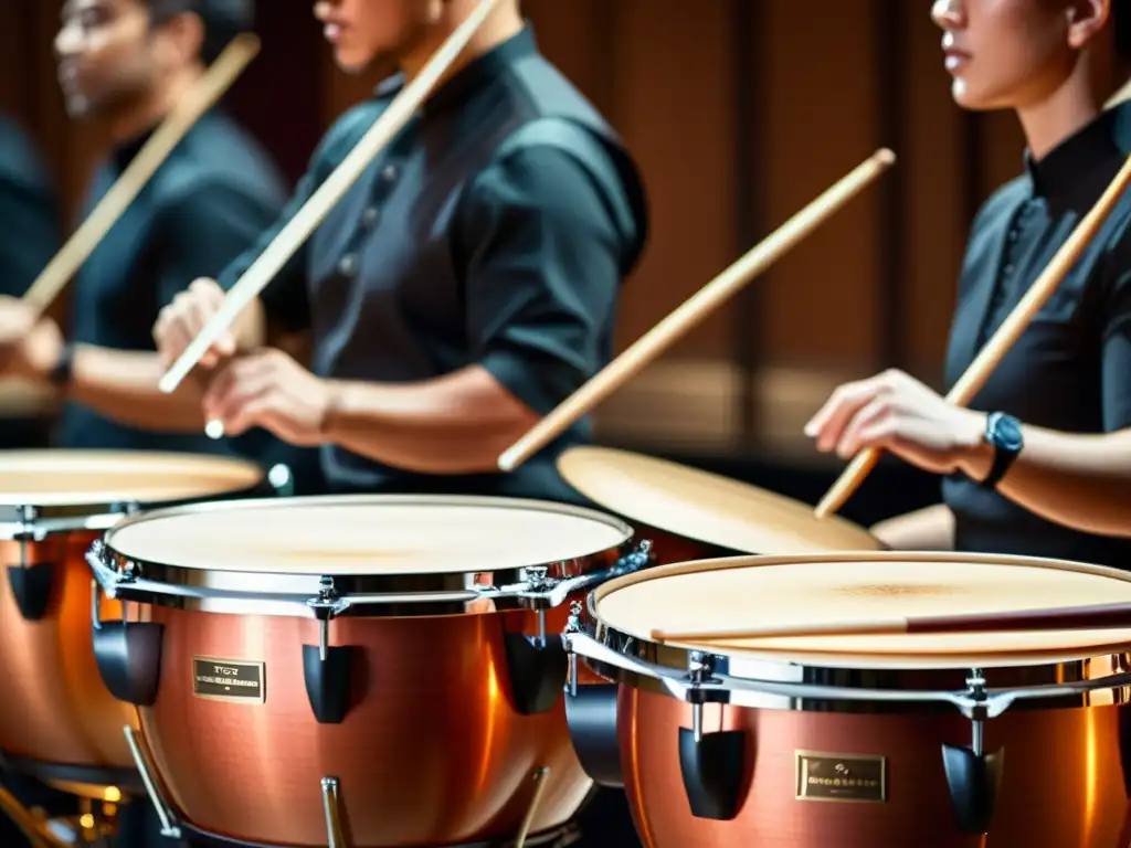 Técnicas de timpanistas en percusión sinfónica: Detalle de timbales, palillos, músicos concentrados y atmósfera intensa en la orquesta