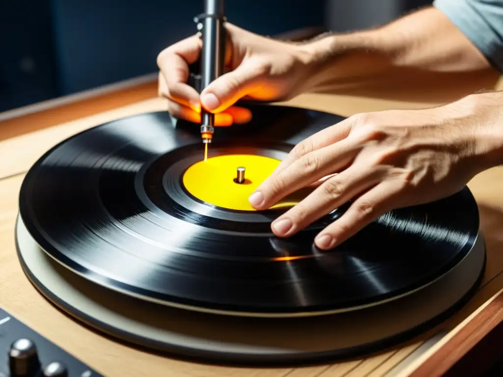 Un técnico de audio restaura con destreza un vinilo vintage, iluminado por una brillante luz de estudio