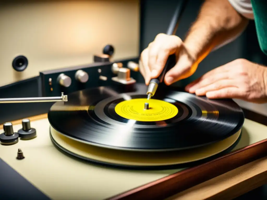 Un técnico de audio experto restaura con cuidado los surcos de un vinilo antiguo bajo brillantes luces de estudio