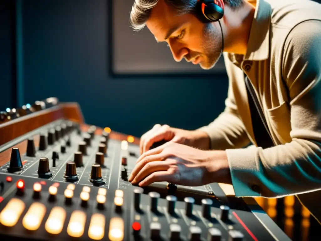 Un técnico de audio experto ajusta con cuidado los controles de una consola de sonido vintage en un estudio lleno de equipo analógico