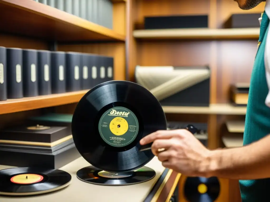 Un técnico de audio experto restaura con cuidado un vinilo vintage, revelando la profundidad de la historia