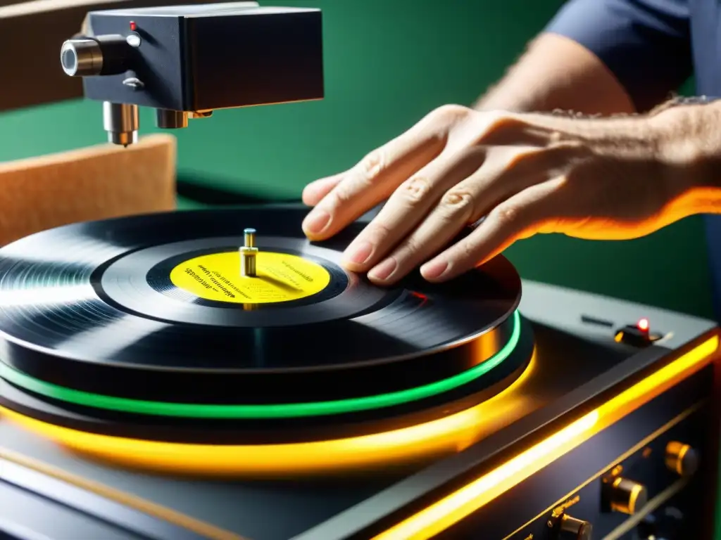 Un técnico de audio experto limpia con delicadeza un vinilo vintage, resaltando la meticulosidad de la restauración en educación musical