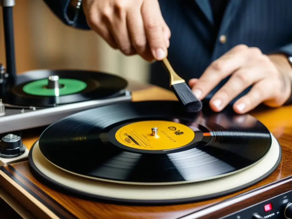 Un técnico de audio limpia con delicadeza los surcos de un vinilo histórico, preservando la autenticidad