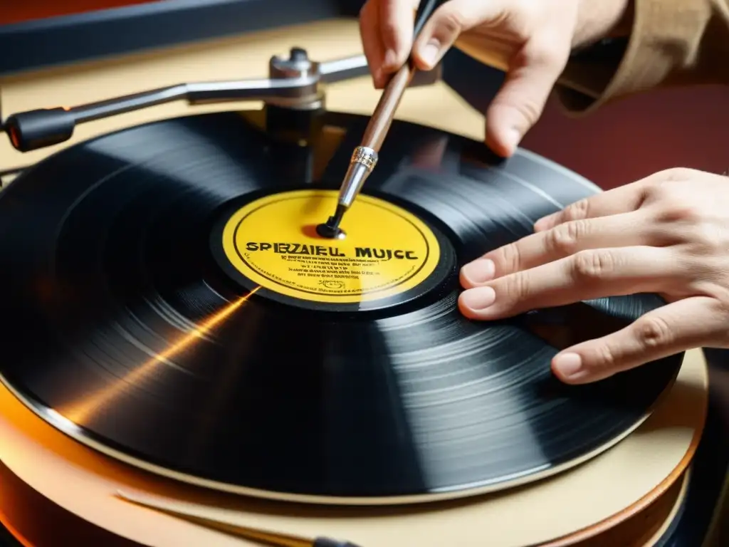 Un técnico de audio quita delicadamente el polvo de un vinilo vintage mientras restaura grabaciones de músicos