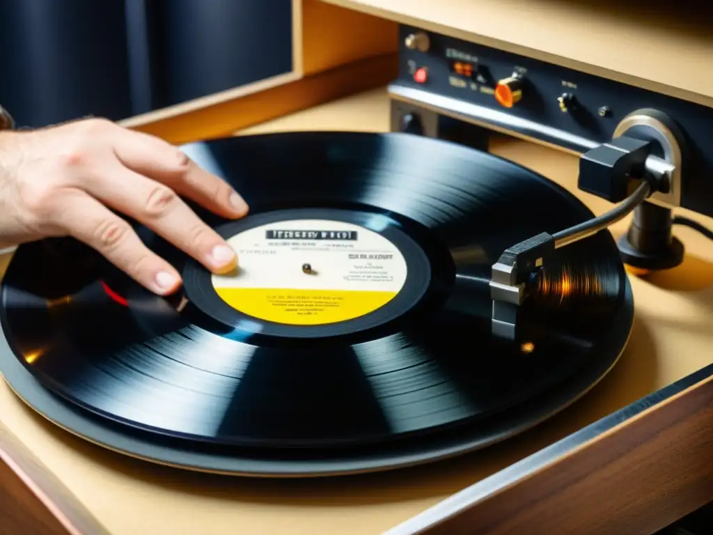 Un técnico de audio restaura con precisión un vinilo antiguo, rescatando la calidad acústica