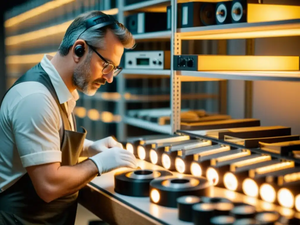 Un técnico de audio profesional restaura con cuidado una cinta de grabación vintage dañada en un estudio lleno de equipo de audio