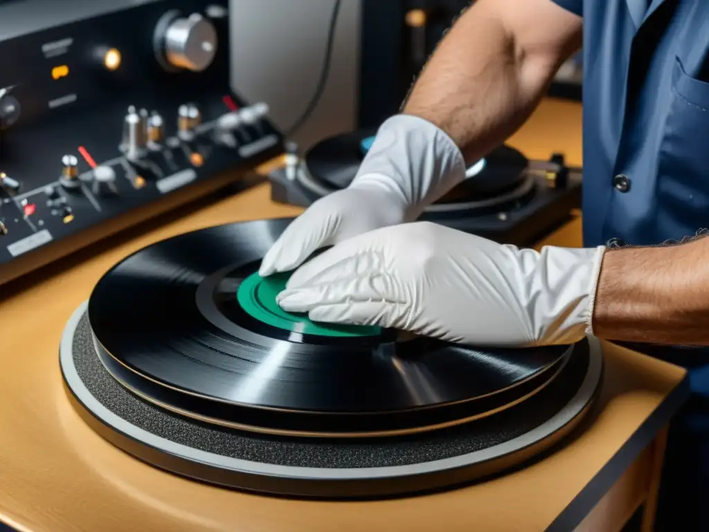 Un técnico de audio profesional restaura con cuidado un vinilo histórico, destacando la meticulosa naturaleza del proceso