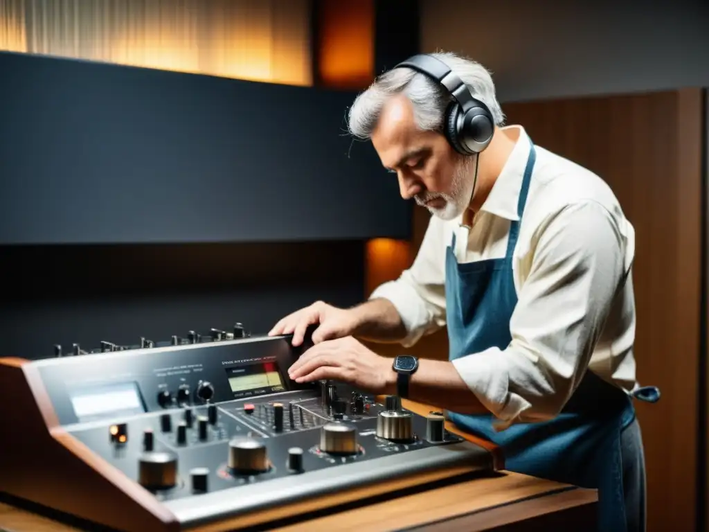 Un técnico de audio profesional restaura con delicadeza una grabación histórica en un estudio tenue