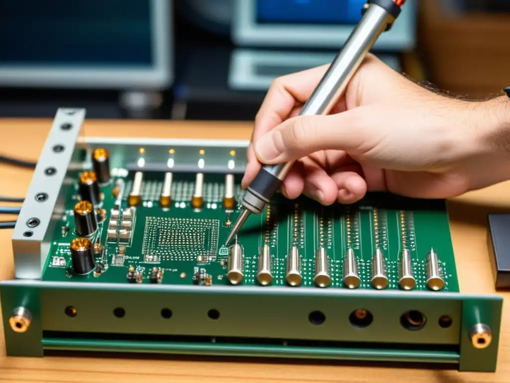 Un técnico hábil soldando circuitos en un instrumento musical digital, mostrando la meticulosa construcción de estos instrumentos avanzados