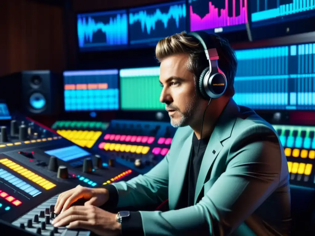 Productor de música enfocado en estudio de grabación Técnico ajustando controles en estudio de grabación con instrumentos electrónicos, inmerso en creación musical