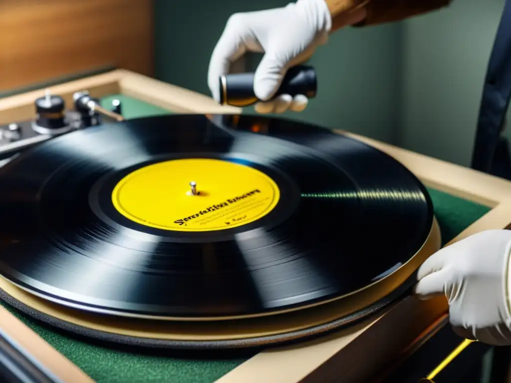 Un técnico restaura con cuidado un disco de vinilo vintage, destacando la meticulosa restauración de grabaciones musicales