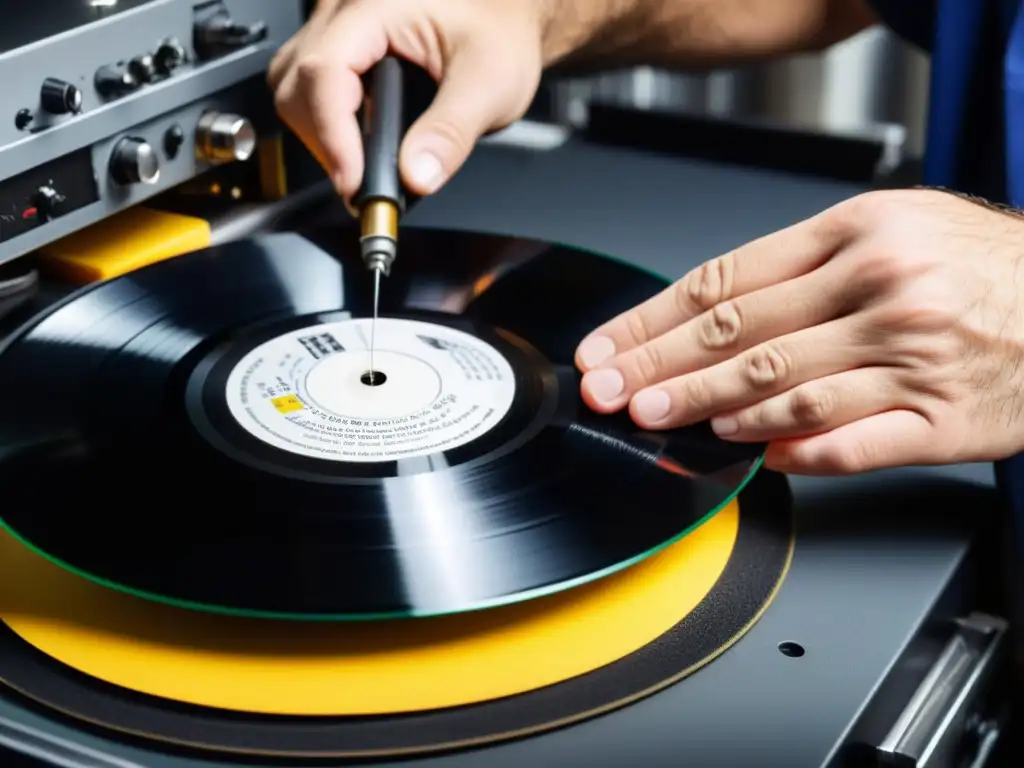 Un técnico hábil restaura con cuidado un disco de vinilo dañado, capturando la esencia de la restauración de cintas y discos dañados