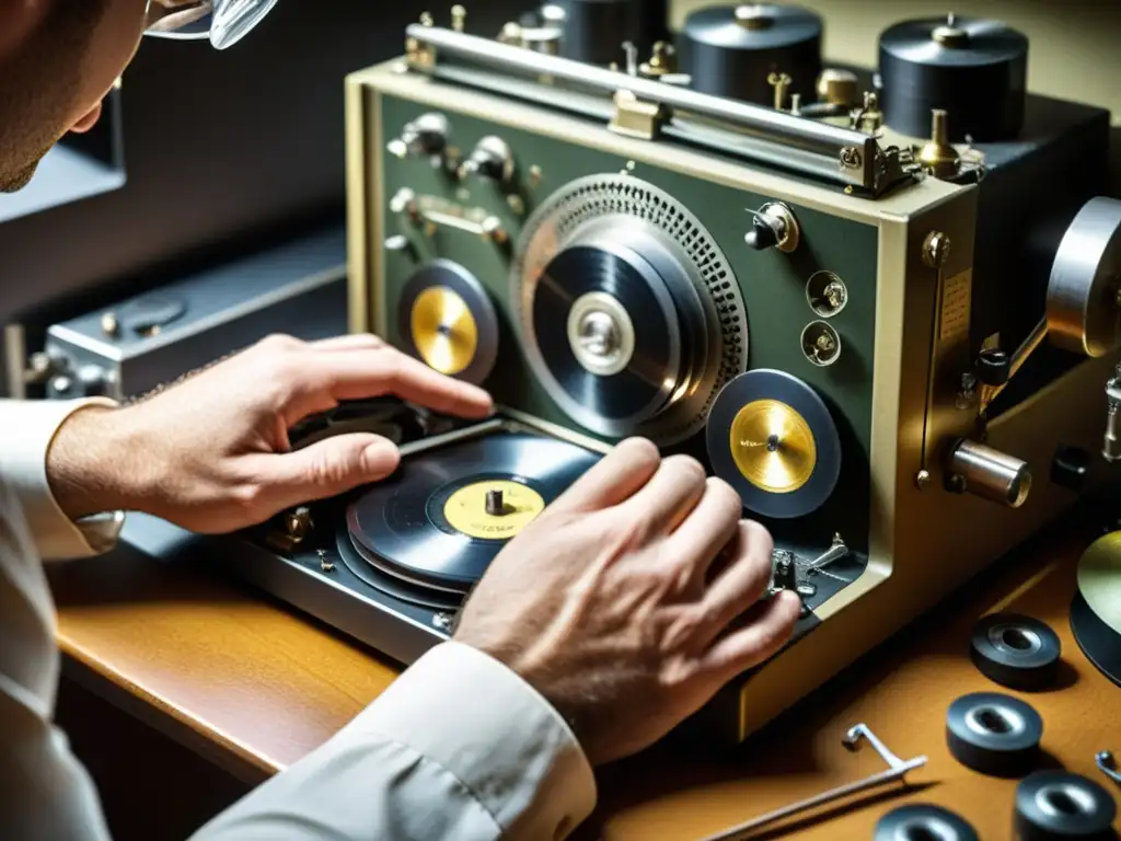 Un técnico restaura con cuidado una grabación histórica en una antigua máquina