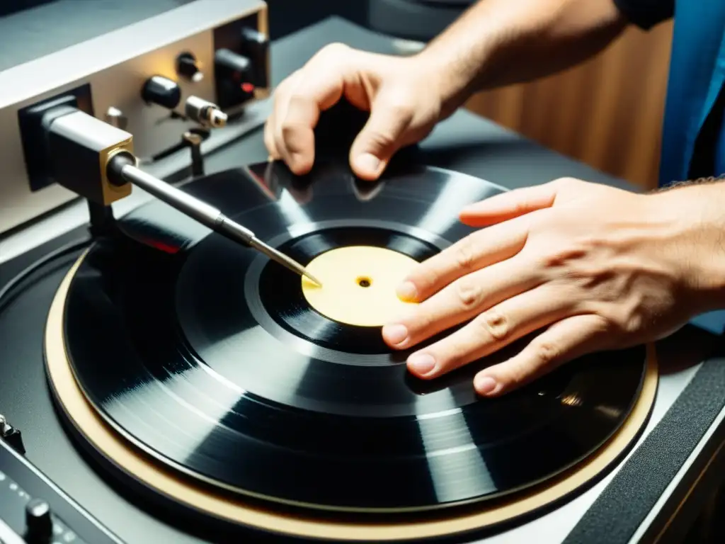 Un técnico restaura con cuidado un vinilo vintage en un estudio de restauración de audio profesional, previniendo la degradación de sonidos