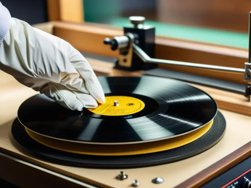 Restauración experta de vinilo: Preservando la música con cuidado Un técnico restaura con cuidado un vinilo vintage, evitando errores comunes y preservando la calidad del sonido original